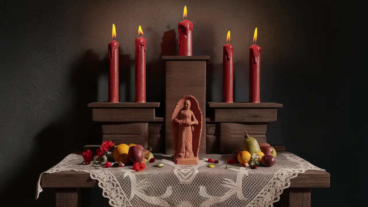 Altar com velas vermelhas, estátua de Maria Mulambo e oferendas em toalha de renda branca.