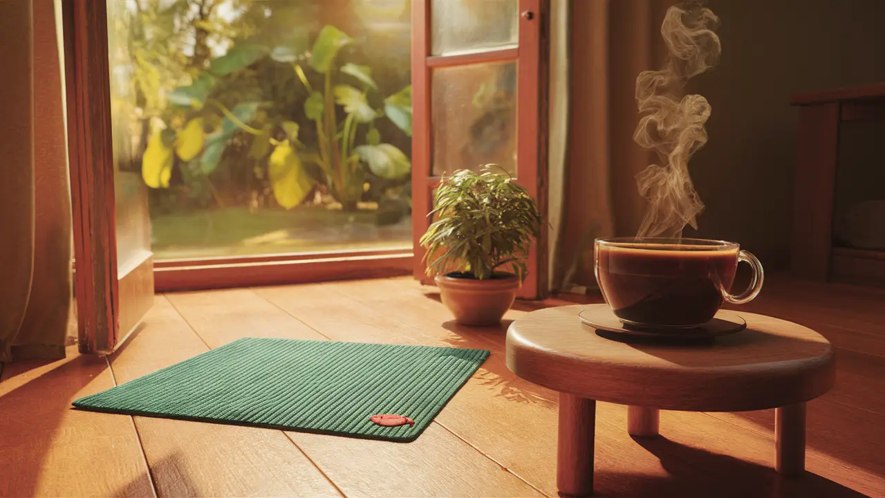 Ambiente acolhedor com janela aberta, luz solar, tapete de meditação, planta em vaso e xícara de chá em mesa.