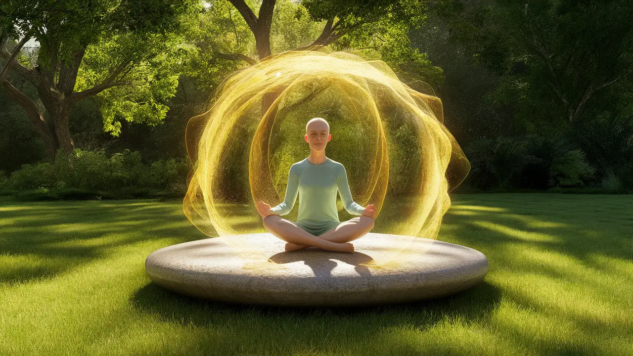 Pessoa meditando em um jardim com um campo energético protetor ao redor e luz do sol passando pelas árvores.