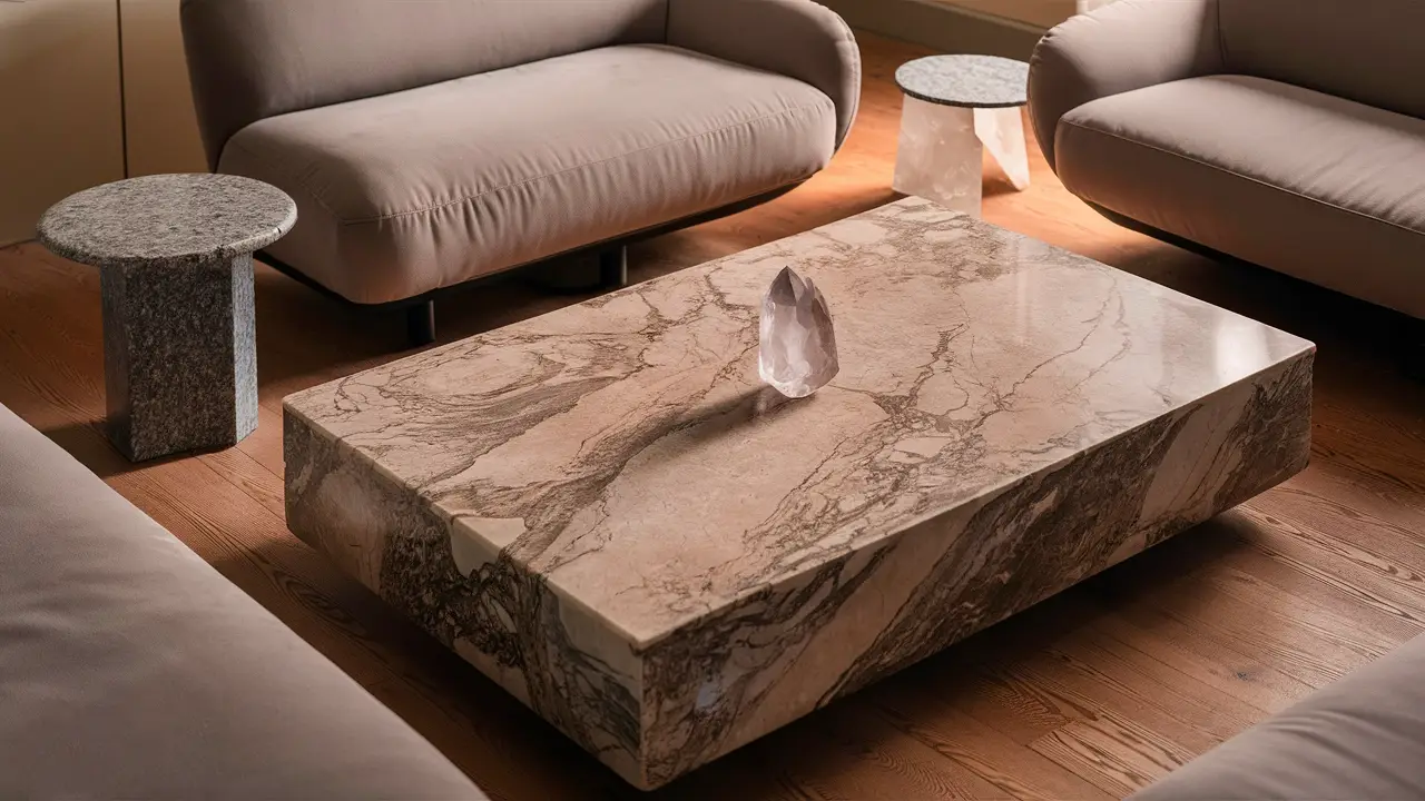Ambiente moderno com mesa de centro de mármore, sofá cinza, mesa lateral de granito e escultura de quartzo.