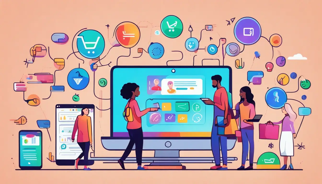 Pessoas diversas comprando online em laptops e dispositivos móveis em uma plataforma digital com ícones coloridos.