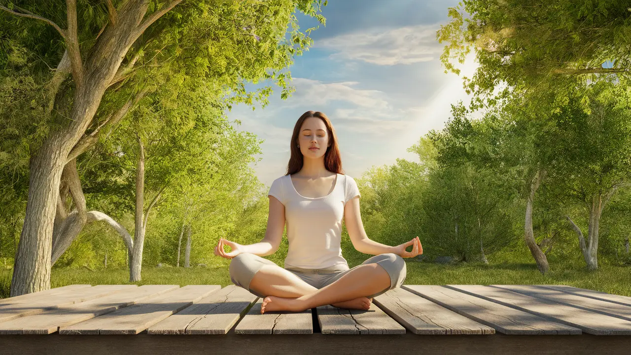 Mulher jovem meditando em plataforma de madeira cercada por árvores verdes sob céu azul claro.
