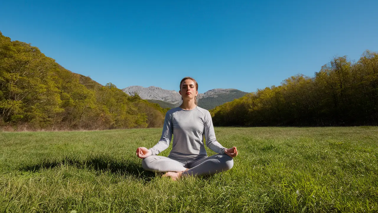 Pessoa meditando em um campo verde rodeado por árvores com montanhas ao fundo sob céu azul claro.
