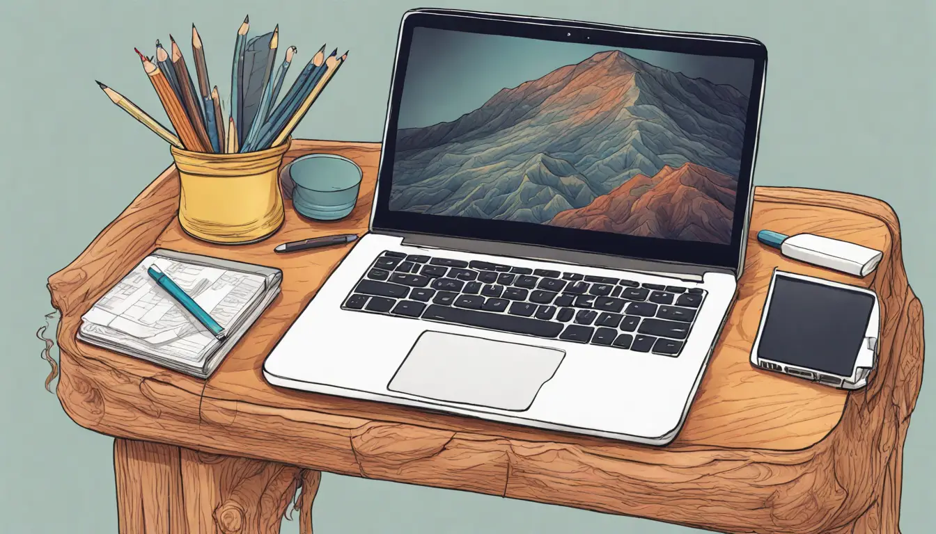 Laptop aberto em mesa de madeira exibindo catálogo virtual com amostras de tecido e canetas ao lado.