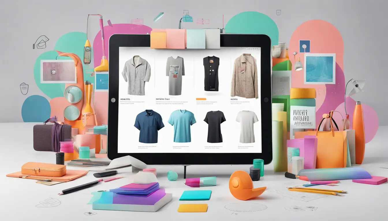 Catálogo digital moderno em tela de tablet com imagens de produtos coloridos ao redor.