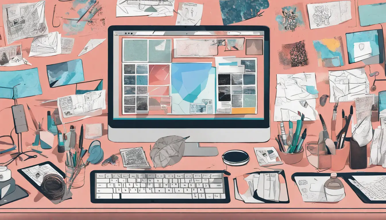 Tela de computador mostrando espaço de trabalho digital desorganizado com imagens sobrepostas e texto desalinhado.