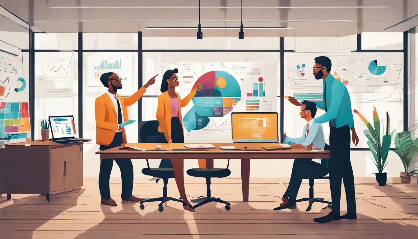Equipe de profissionais em escritório discutindo estratégia de marketing digital com laptop e gráficos coloridos.