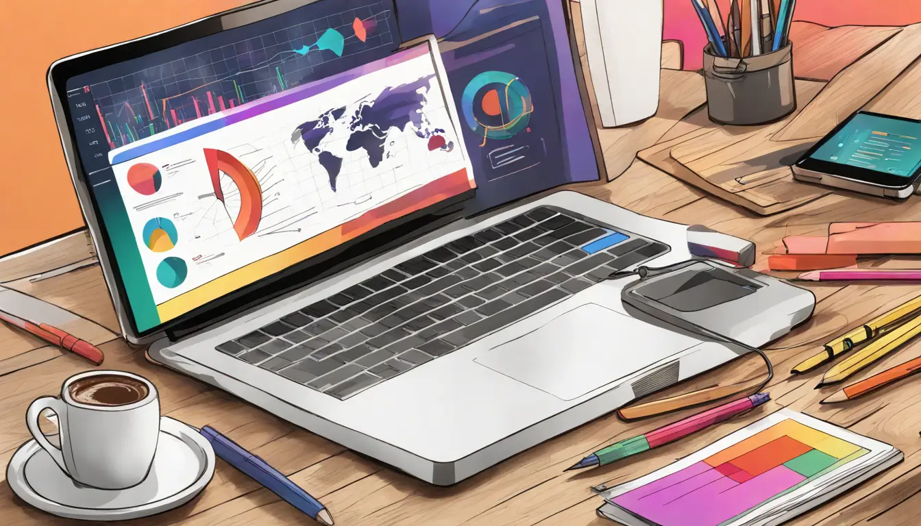 Laptop com painel de marketing digital, gráficos coloridos, smartphone, xícara de café e bloco de notas na mesa.