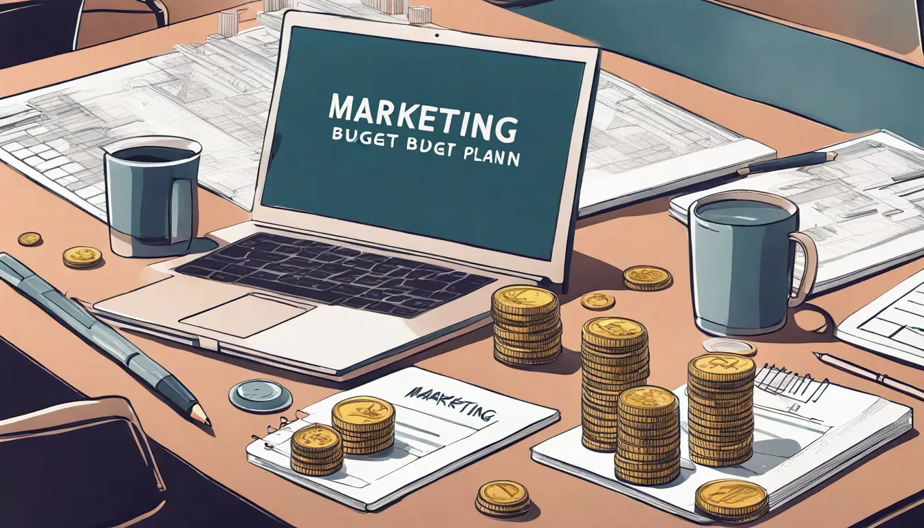 Mesa de reunião com pilhas de moedas de diferentes alturas e laptop exibindo plano de orçamento de marketing digital.