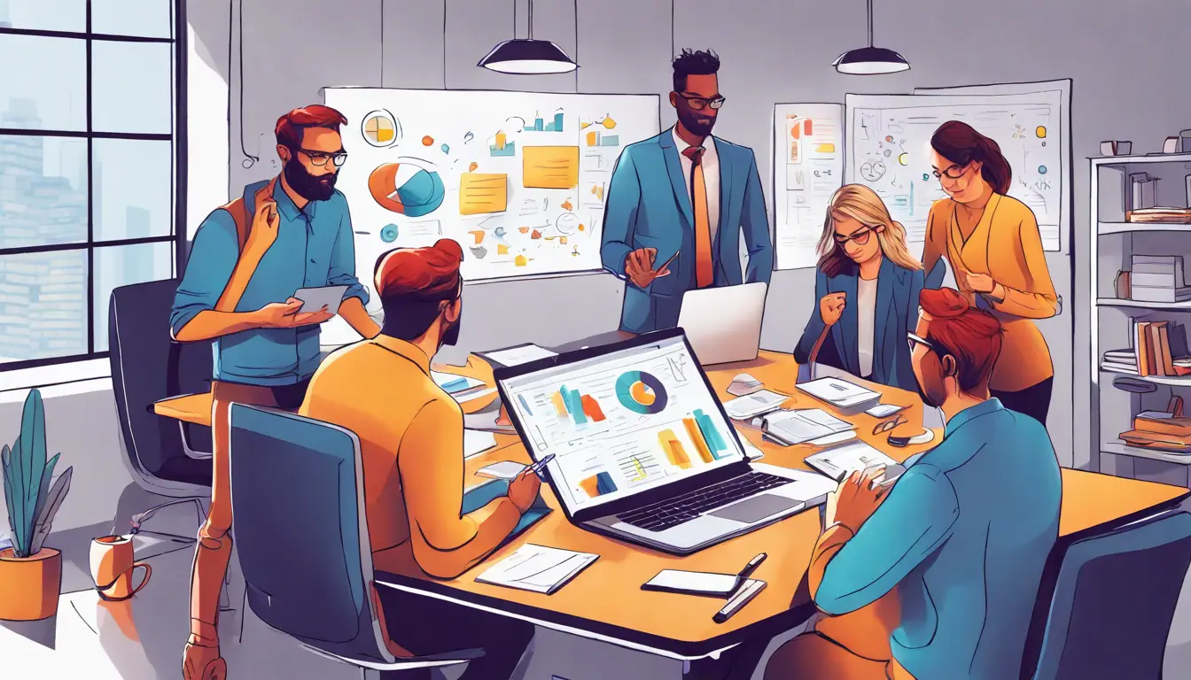 Equipe em um escritório moderno analisando dados de marketing digital em um laptop, com smartphones e blocos de anotações.