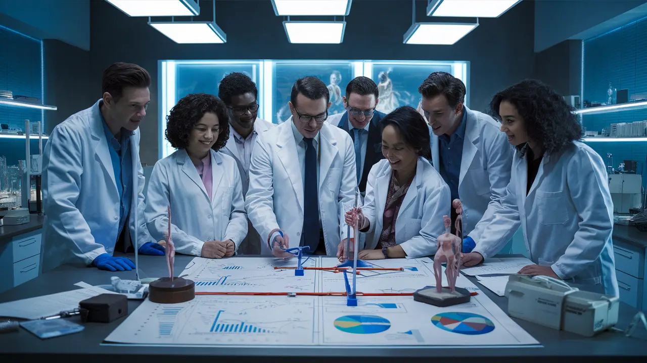 Cientistas analisam modelos anatômicos e gráficos em laboratório com equipamentos de medição.