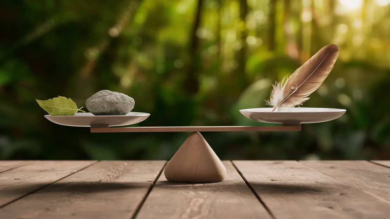 Balança equilibrada com folha, pedra, pena e gota d'água, simbolizando equilíbrio e variedade de fatores.