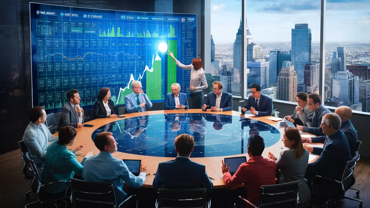 Pessoas diversas em uma reunião discutindo dados em um escritório moderno com tela digital exibindo gráficos.