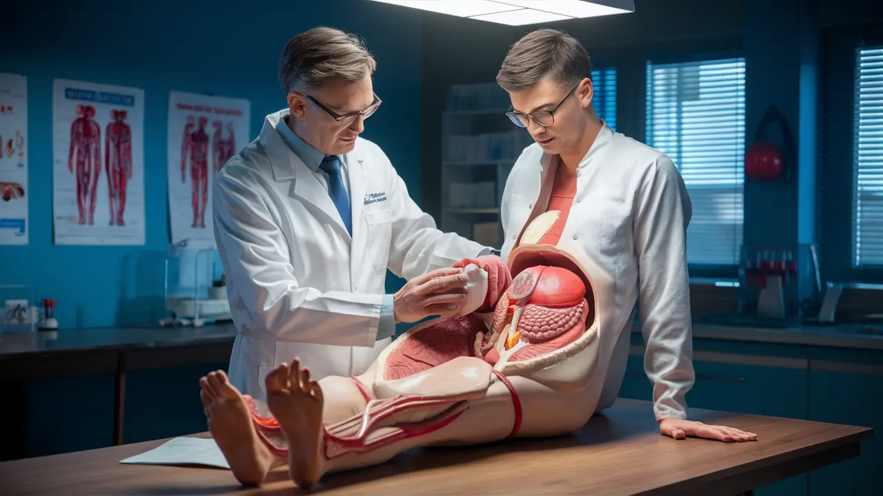 Médico de jaleco branco examina modelo anatômico detalhado do corpo humano em sala bem iluminada.
