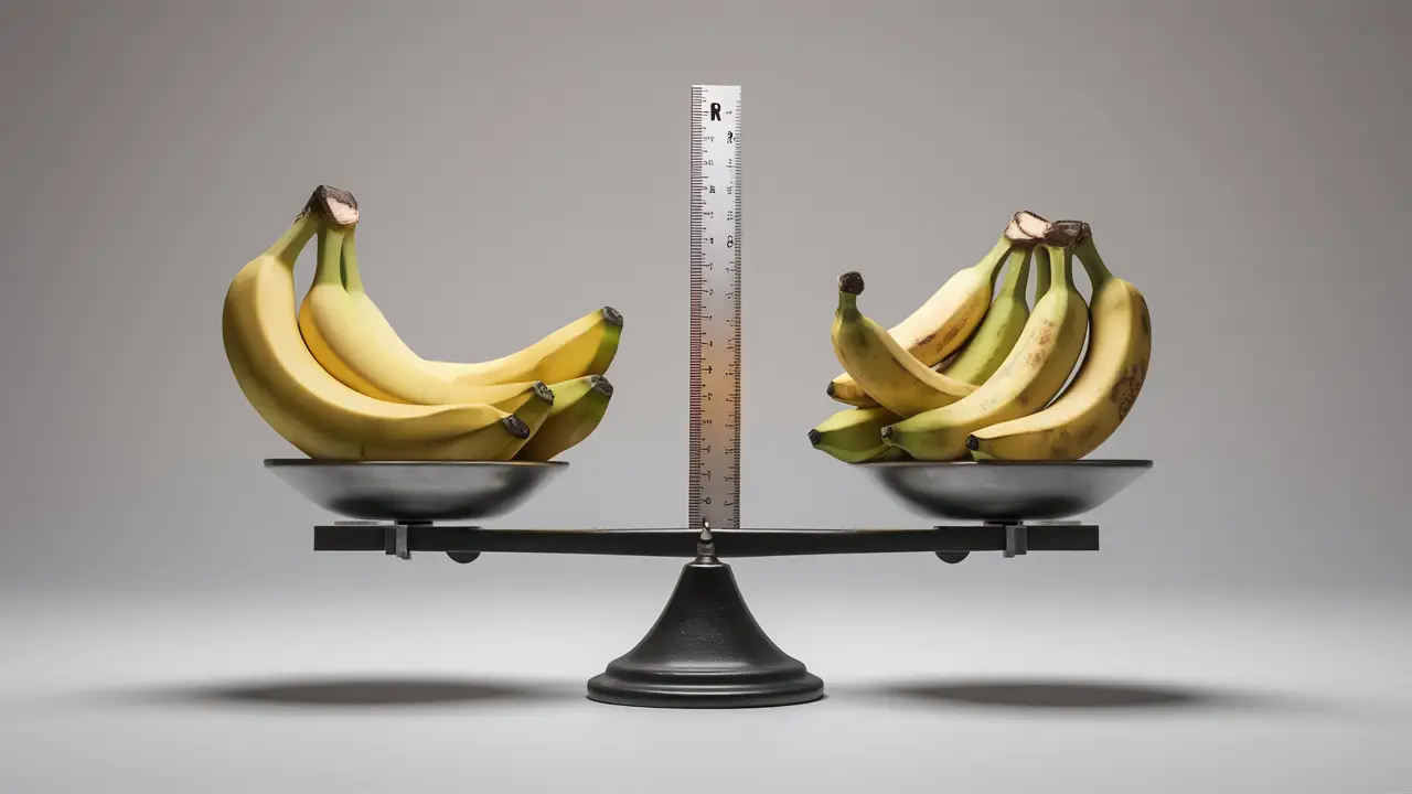 Balança com régua de um lado e bananas de tamanhos variados do outro, fundo neutro.
