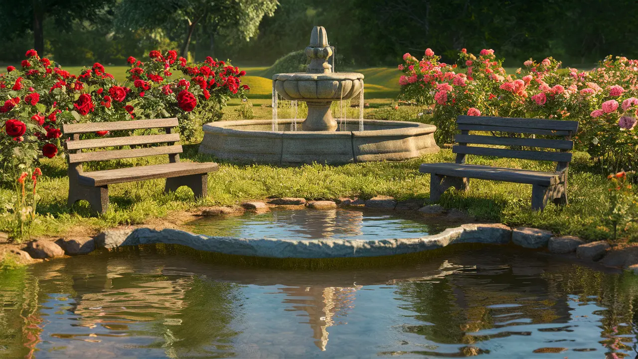 Fonte de pedra em jardim cercada por rosas vermelhas e rosas, bancos de madeira e pequeno lago refletindo o sol.