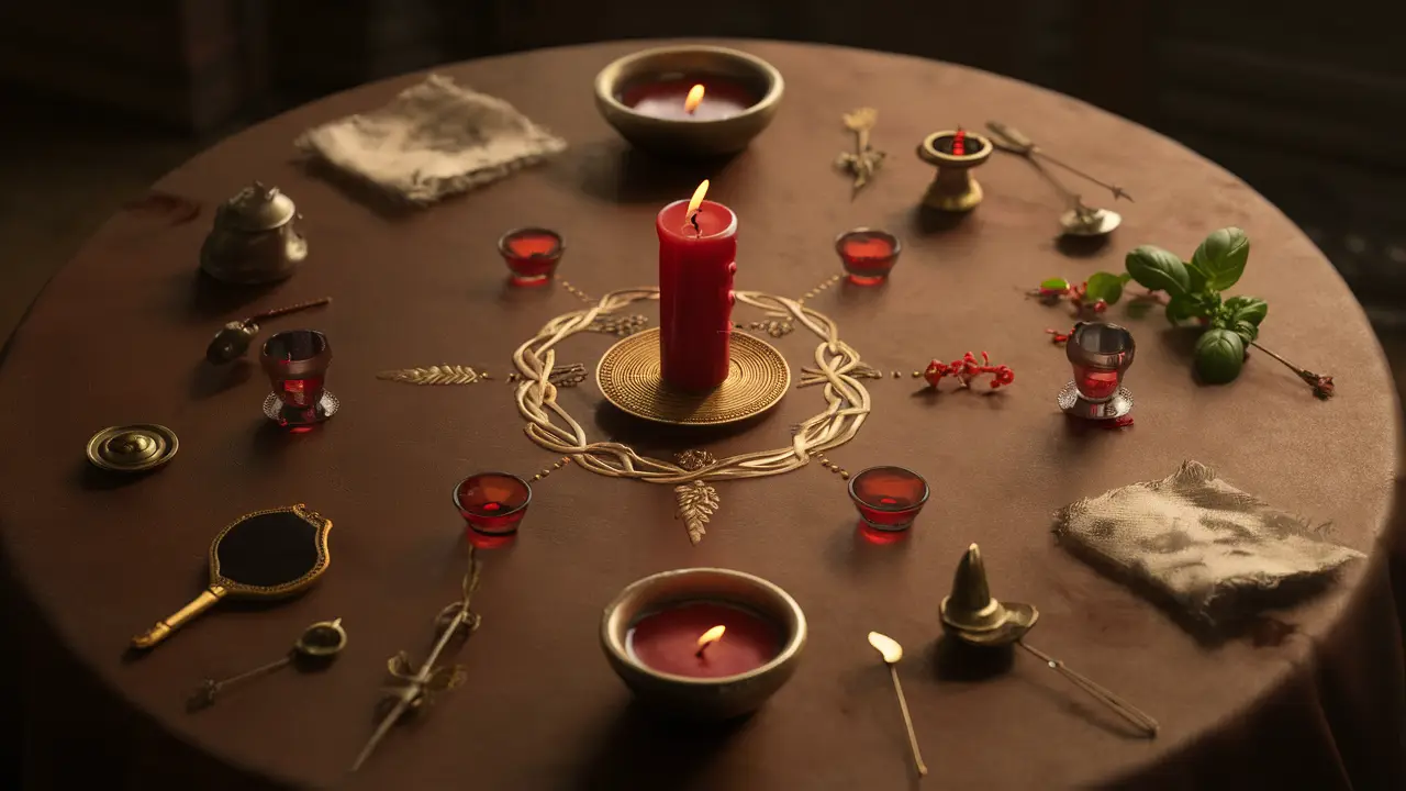 Objetos rituais sobre uma mesa, incluindo vela vermelha, tigela de água, ramo de manjericão, espelho pequeno e pano branco.