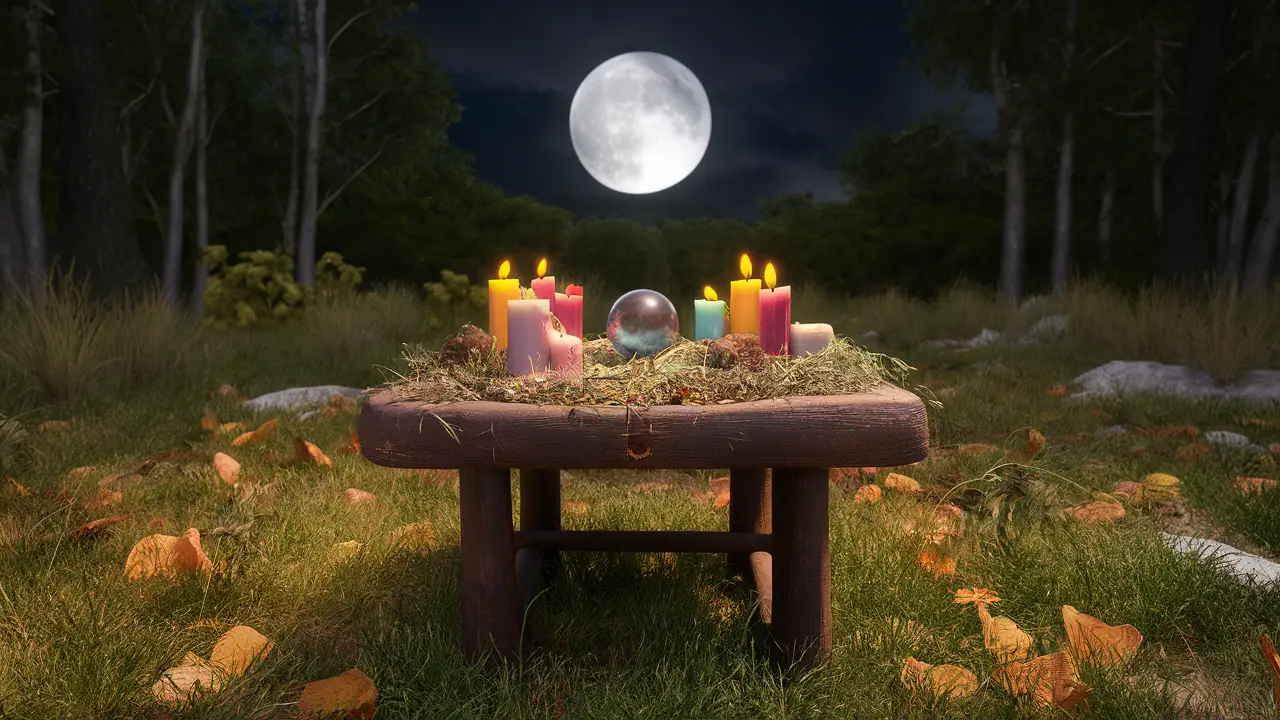 Mesa de madeira com velas coloridas, ervas e bola de cristal em clareira da floresta sob lua cheia.