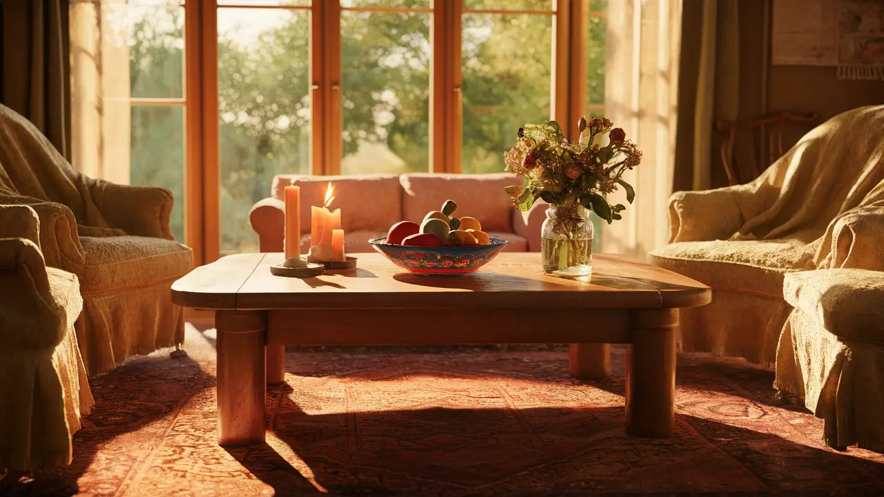 Sala de estar aconchegante com mesa de madeira, tigela de frutas, vela acesa e vaso de flores frescas.