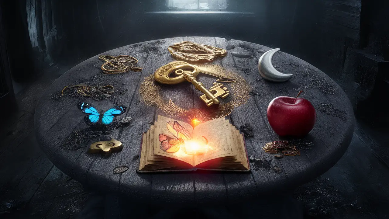 Objetos simbólicos como chave dourada, lua prateada, maçã vermelha, borboleta azul e livro aberto com luz em sala escura.