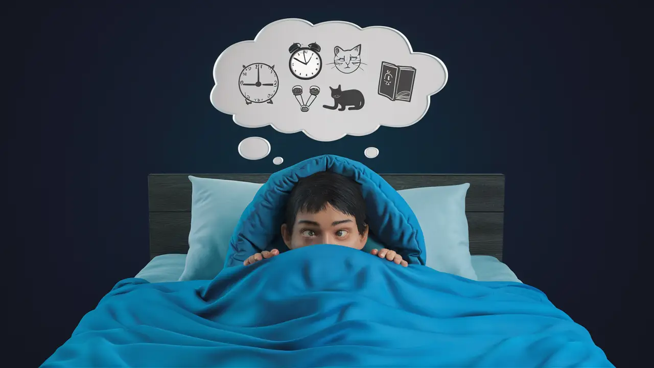 Pessoa deitada na cama à noite com bolha de pensamento acima com símbolos como relógio, gato e livro.