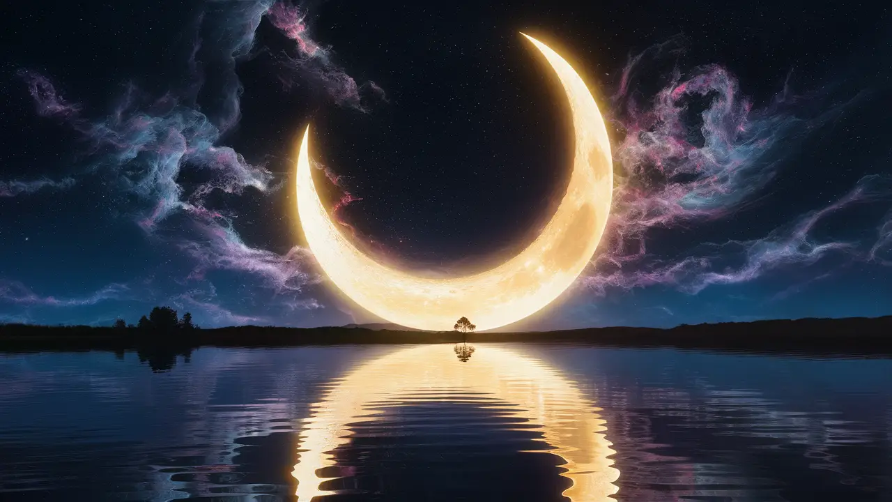 Céu noturno estrelado com nebulosas coloridas e uma lua crescente refletida em um lago tranquilo.