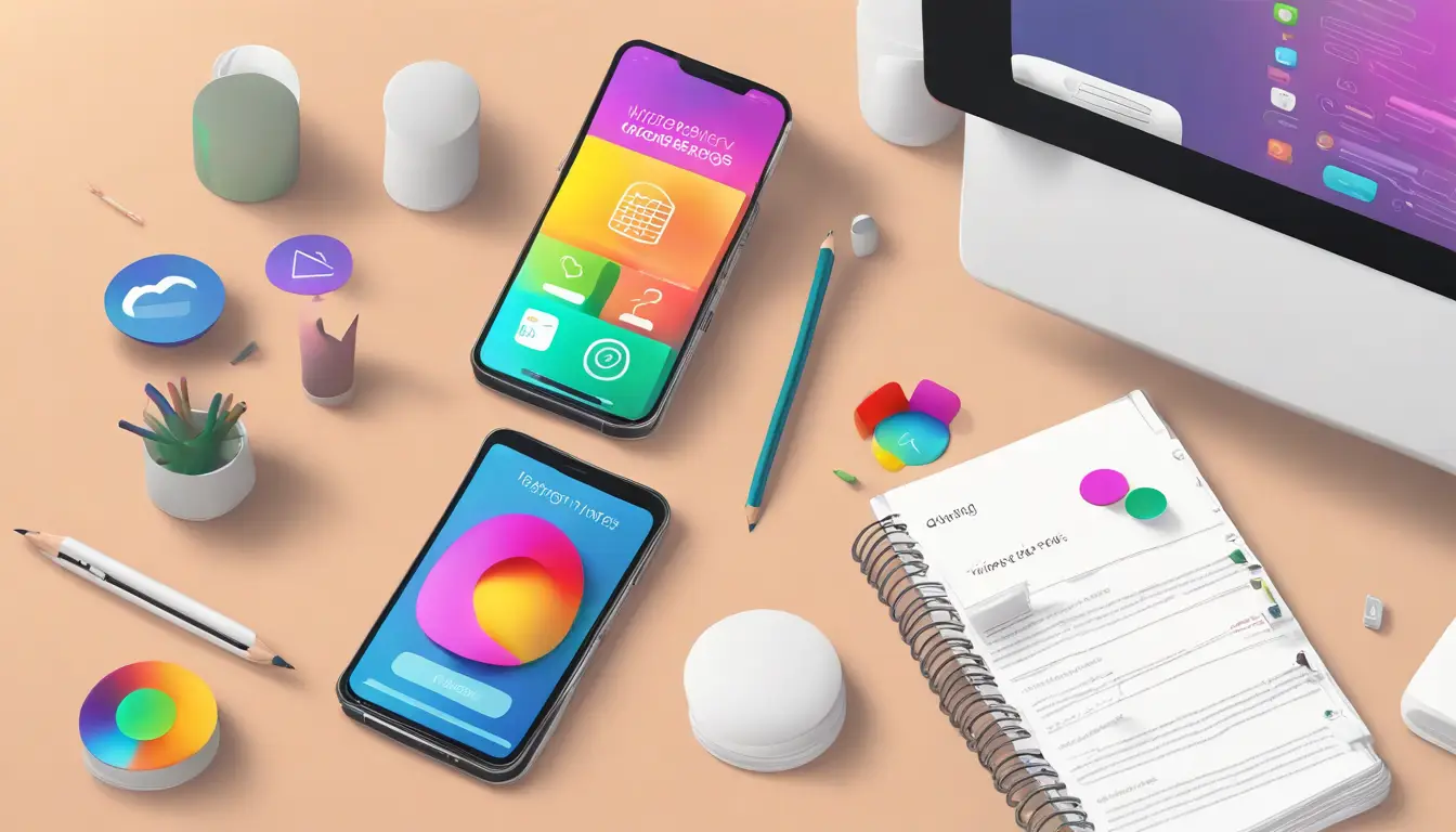 Smartphone exibindo interface colorida de aplicativo de criação de sites sobre a mesa.
