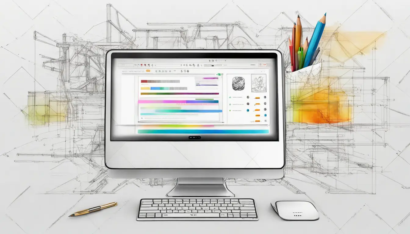 Tela de computador mostrando personalização de site com ferramentas de design e interface em evolução.