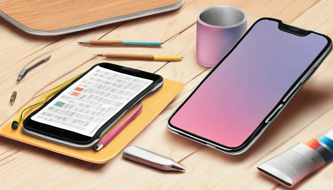 Smartphone exibindo aplicativo de edição de conteúdo com ícones coloridos em uma mesa de madeira clara.