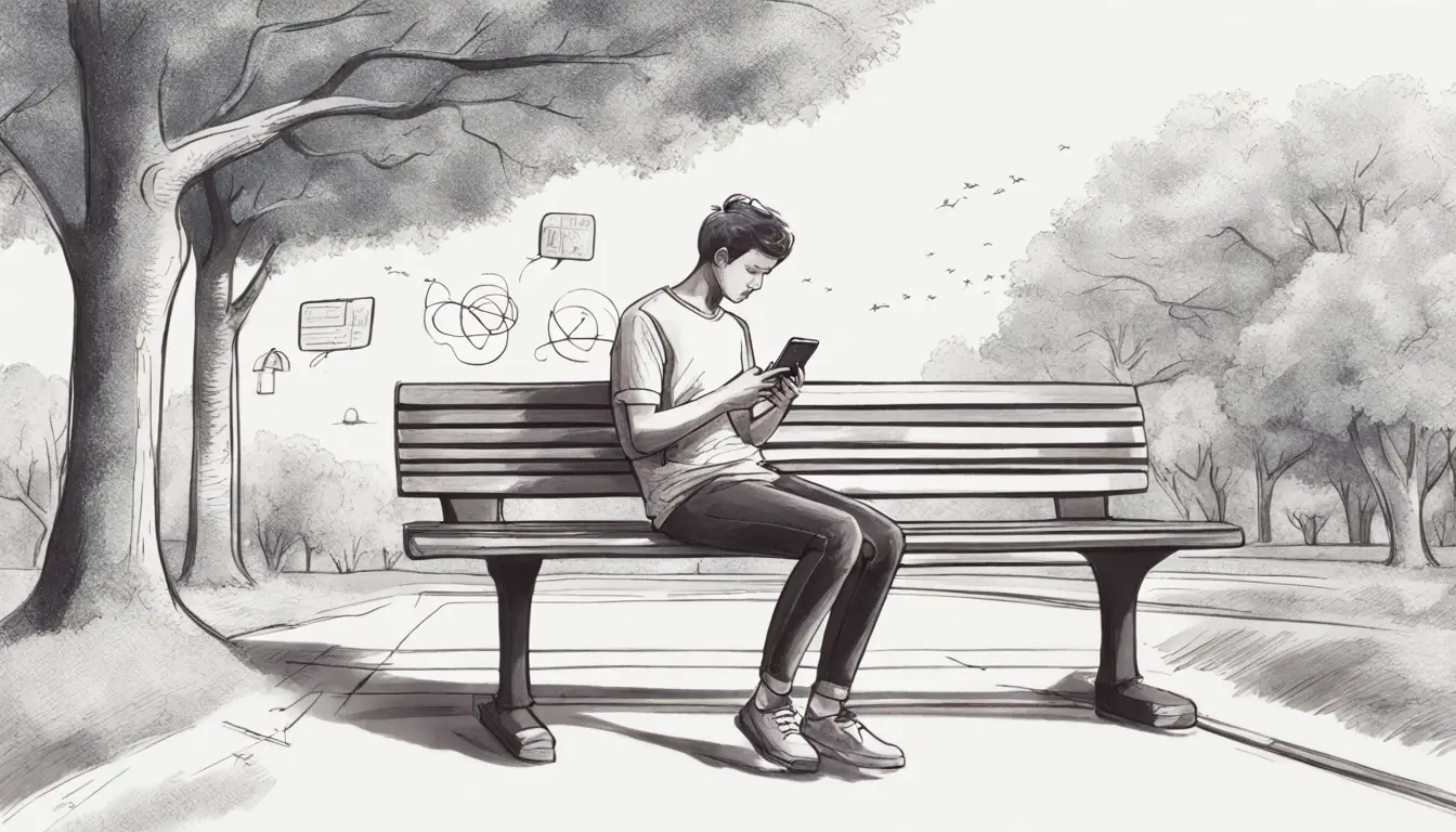 Pessoa em banco de parque usando smartphone com esboços de design de site ao lado, cercada por árvores e céu azul.