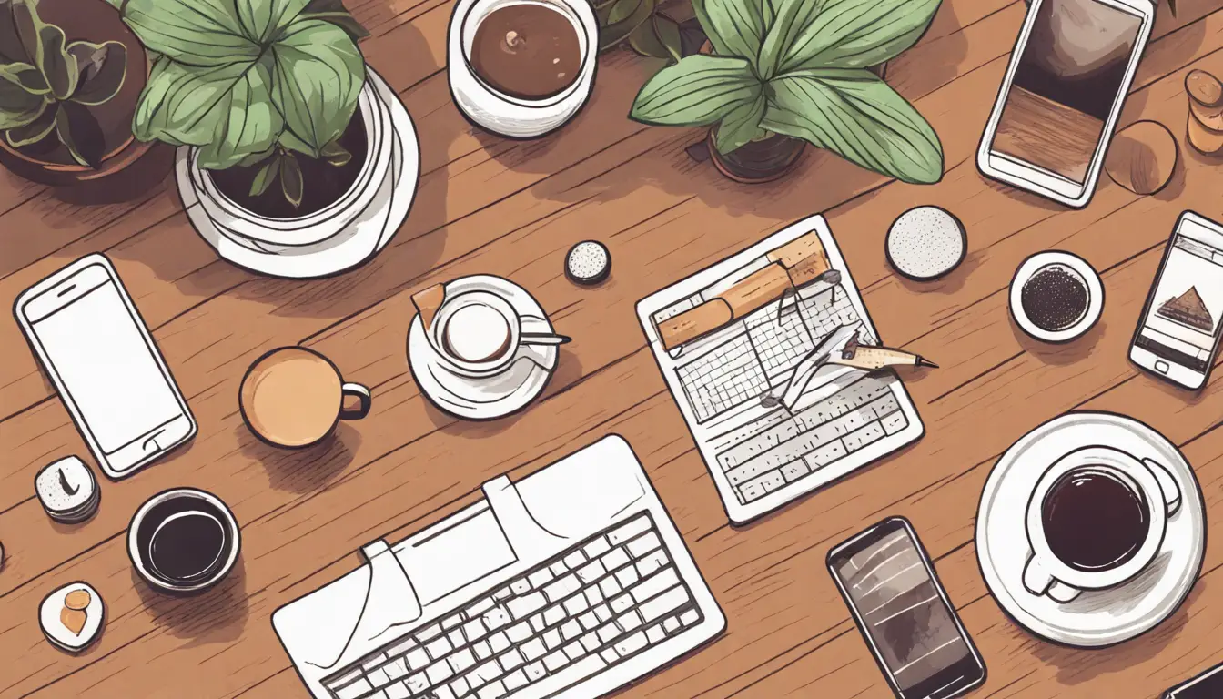 Smartphone com ícones de aplicativos de criação de sites em uma mesa de madeira, cercado por plantas e um copo de café.