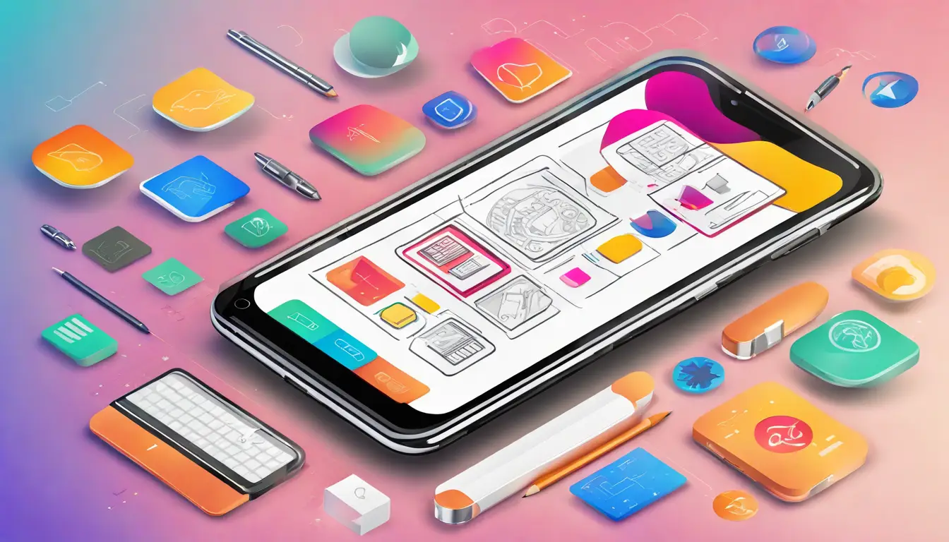 Interface de criador de sites em smartphone com ícones digitais de criação de sites em fundo claro.