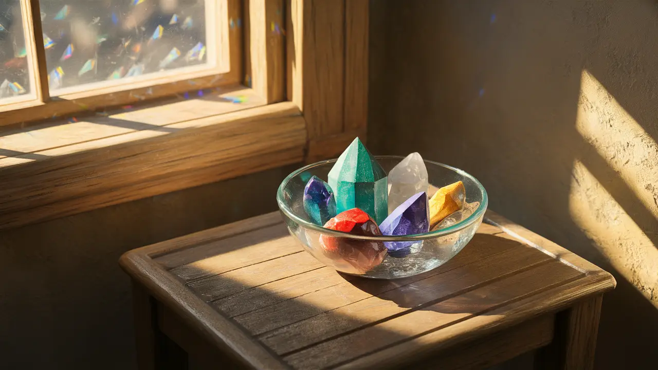 Cristais coloridos em uma tigela de vidro sobre uma mesa de madeira com luz solar criando prismas nas paredes.