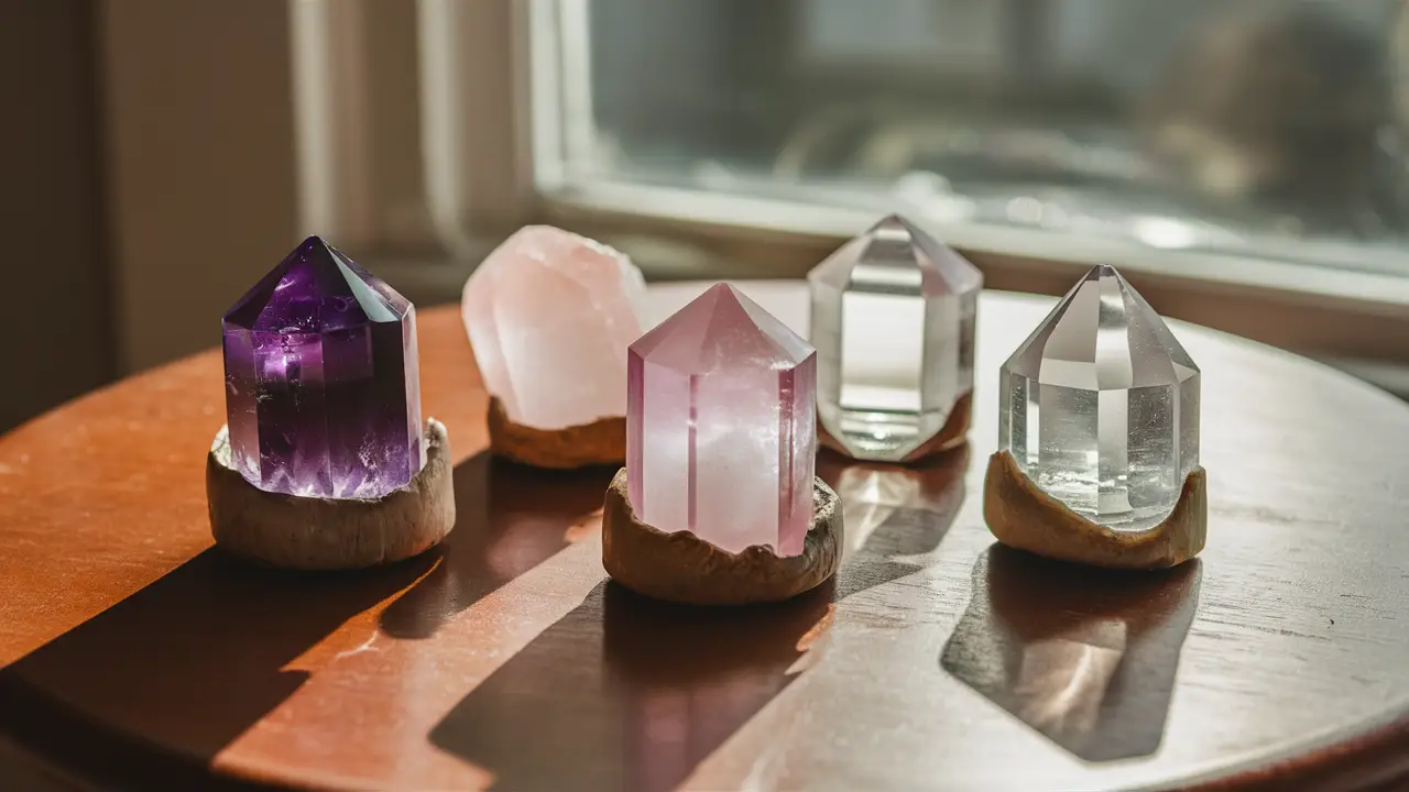 Três cristais - ametista, quartzo rosa e quartzo transparente - sobre uma mesa de madeira iluminada por luz suave.