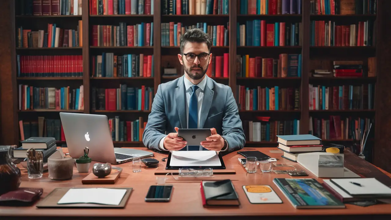 Mesa de escritório com laptop, smartphone e assistente virtual, cercada por livros de direito ao fundo.