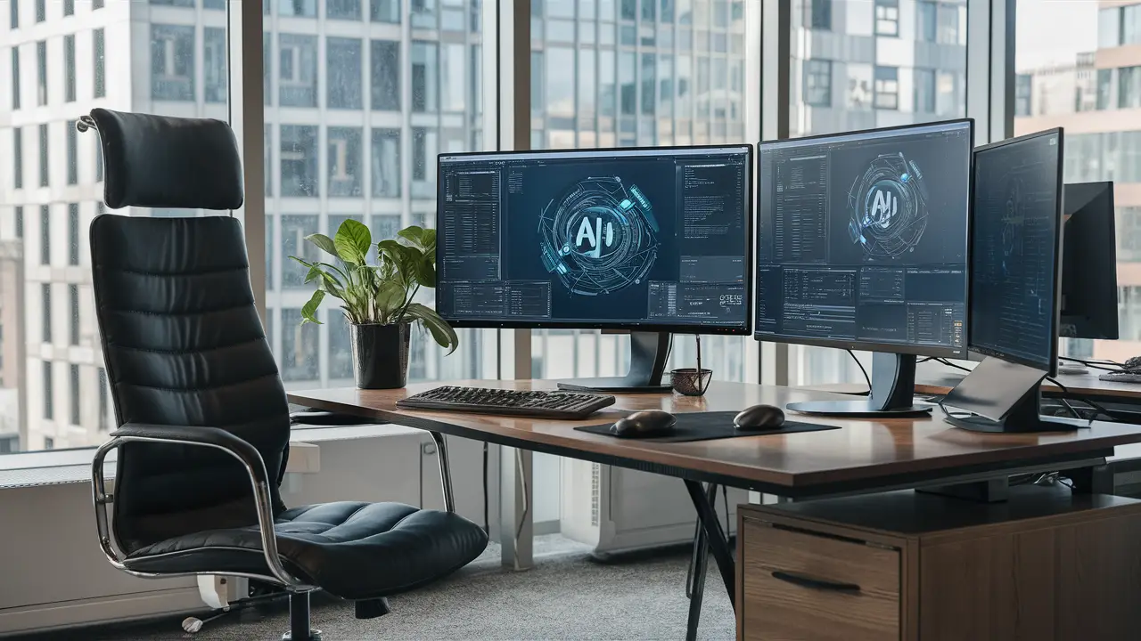 Monitores exibindo interfaces de software de IA em mesa de escritório com cadeira preta e planta verde.
