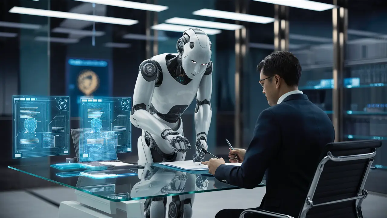 Robô humanoide prateado consulta advogado em escritório futurista com hologramas de documentos legais.