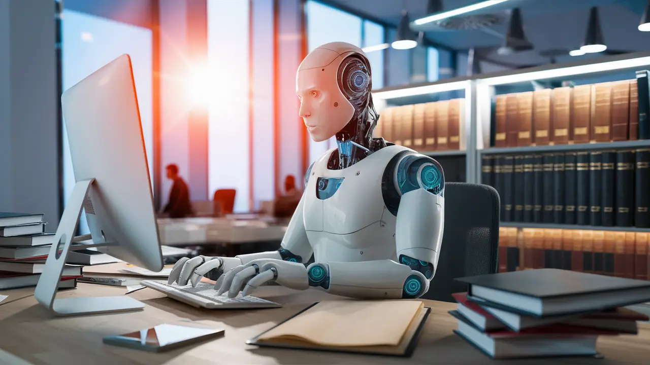 Robô humanoide em um escritório jurídico moderno, digitando em um computador cercado por livros e arquivos legais.