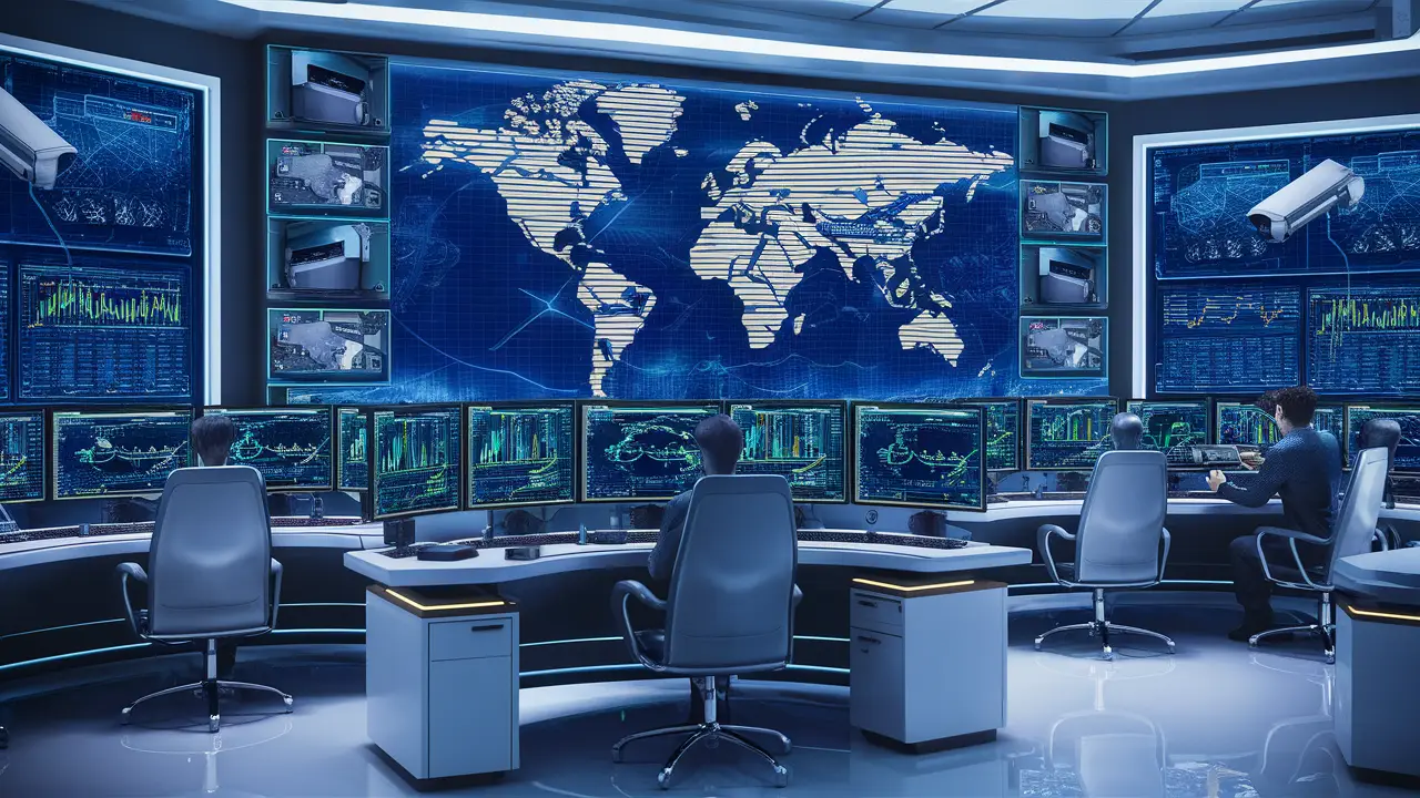 Sala de controle com monitores grandes exibindo dados em tempo real e mapa digital em ambiente futurista.
