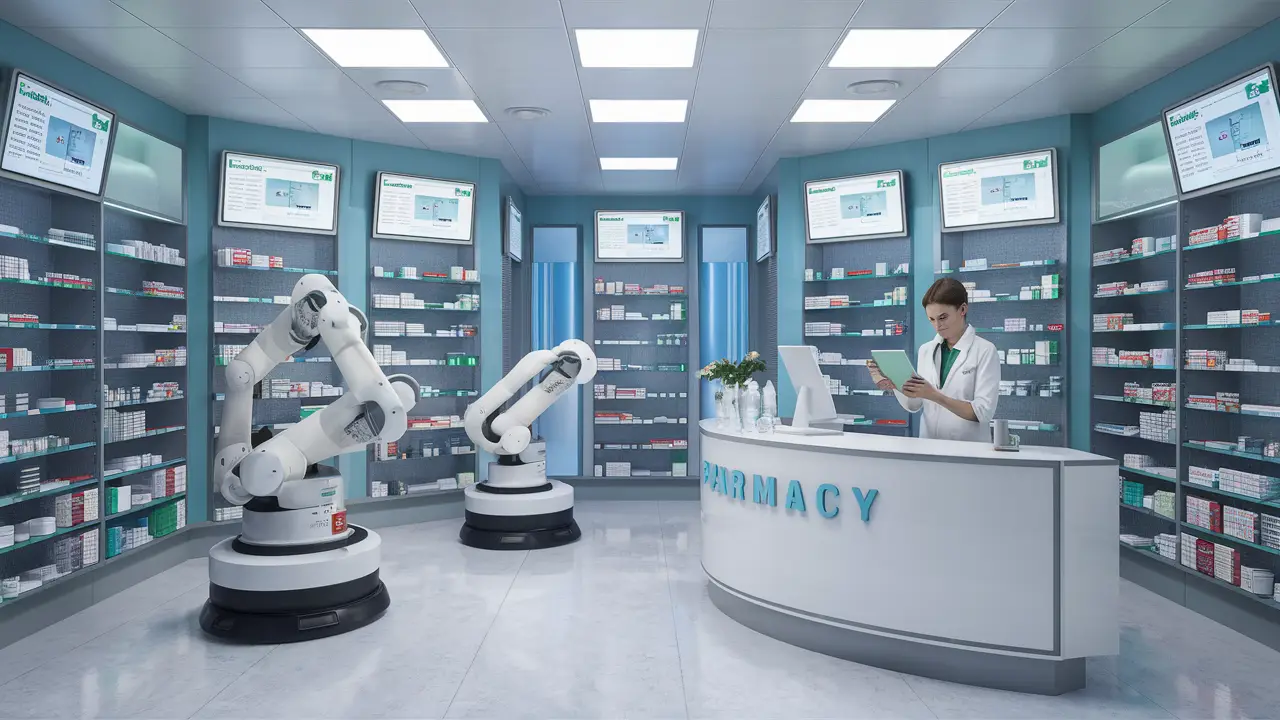 Interior de farmácia moderna com telas digitais, braços robóticos e farmacêutico usando tablet no balcão.