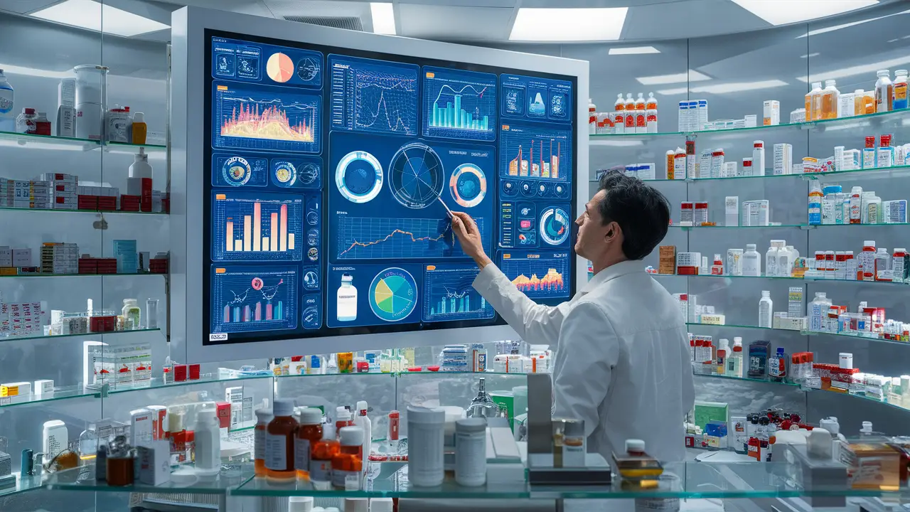 Farmacêutico observando gráficos coloridos em tela de monitoramento em farmácia iluminada, com frascos organizados ao redor.