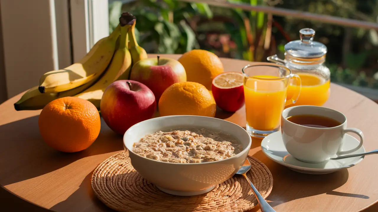 Mesa de café da manhã com frutas frescas, tigela de aveia, suco de laranja e chá verde à luz da manhã.