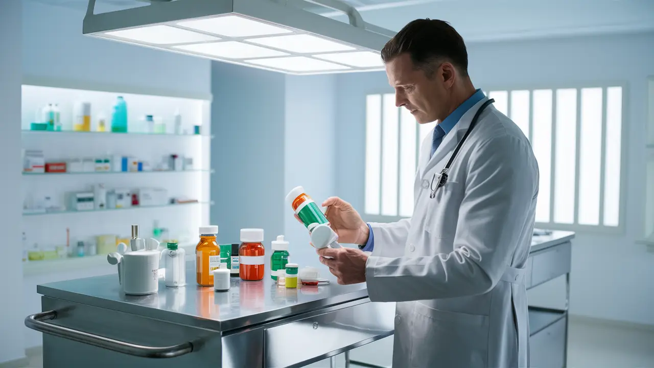 Doutor em sala de clínica examinando frascos de medicamentos coloridos e equipamentos no balcão metálico.