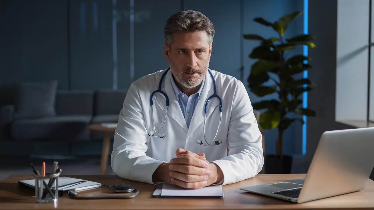 Médico em consultório moderno com computador e estetoscópio.