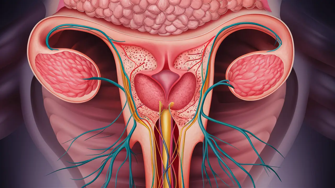 Ilustração anatômica detalhada do sistema reprodutor masculino em seção transversal.