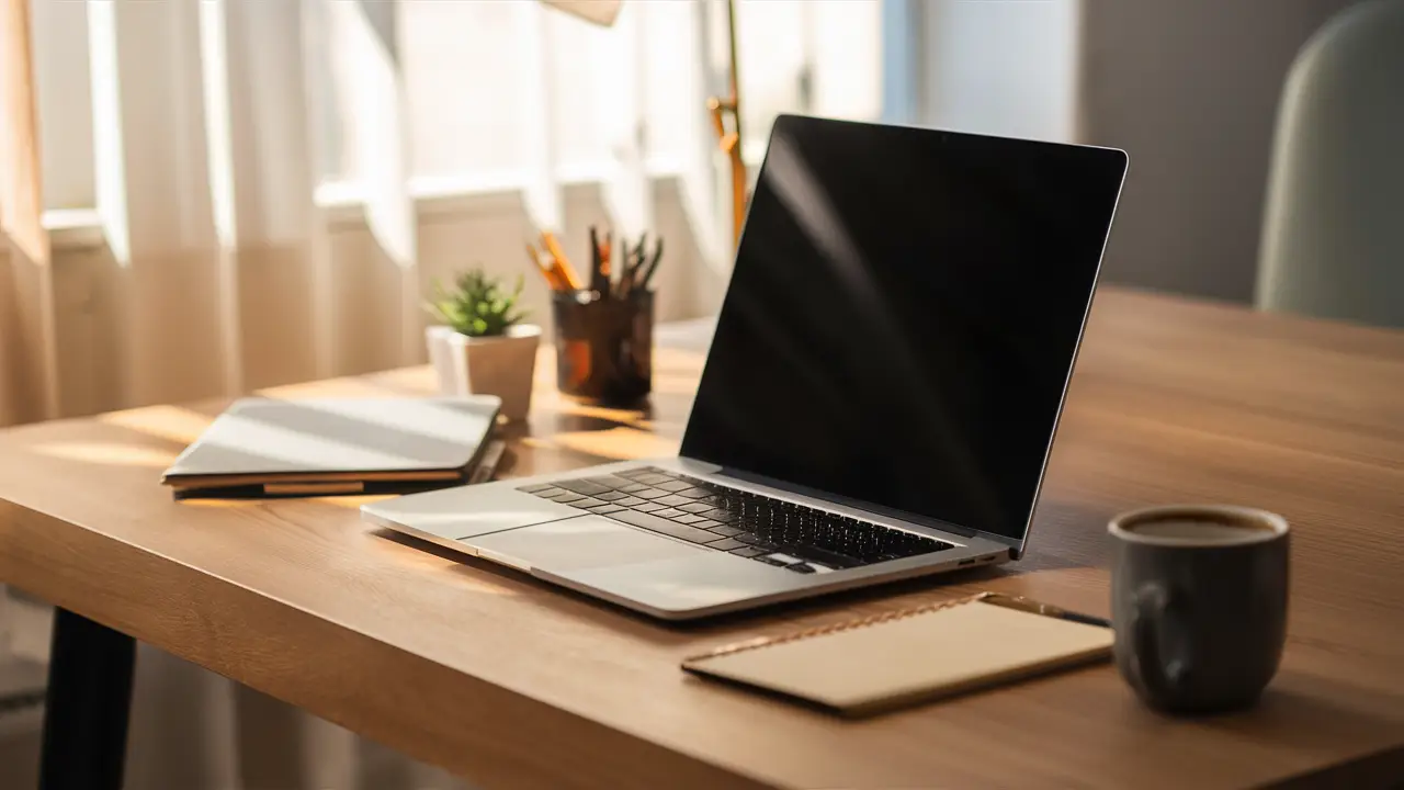 Laptop moderno em mesa de madeira com xícara de café e planta pequena ao lado, iluminado por luz natural suave.
