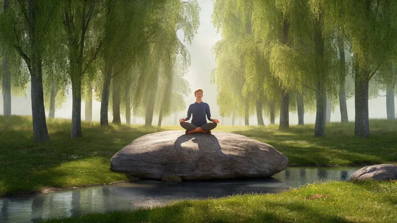 Pessoa meditando em uma clareira de floresta rodeada por árvores altas e riacho tranquilo.