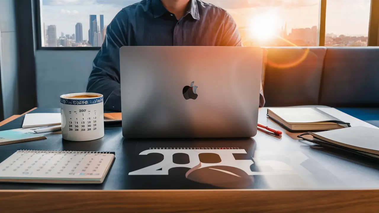 Pessoa em uma mesa com laptop, calendário de 2025, café e caderno, em sala moderna com janela para horizonte ensolarado.
