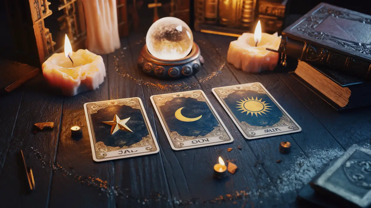 Mesa com três cartas de tarô, uma estrela, uma lua, e um sol, cercada por velas acesas e uma bola de cristal.