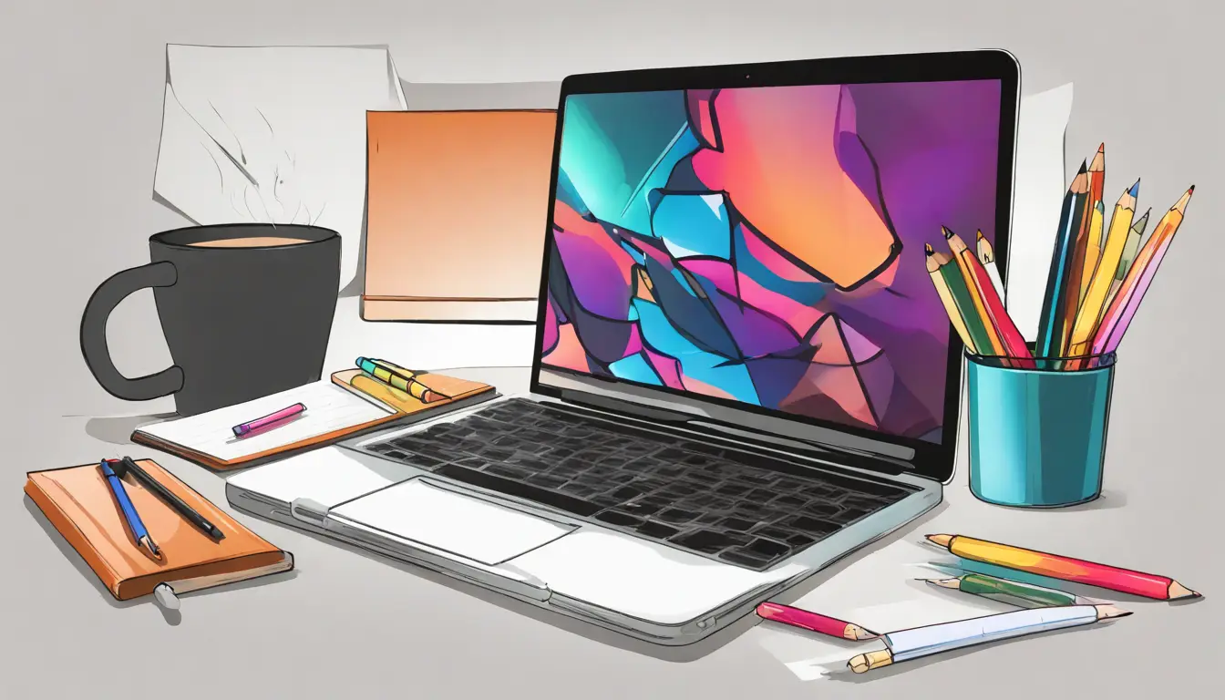 Mesa de escritório com laptop mostrando design de site, caderno, canetas e xícara de café.